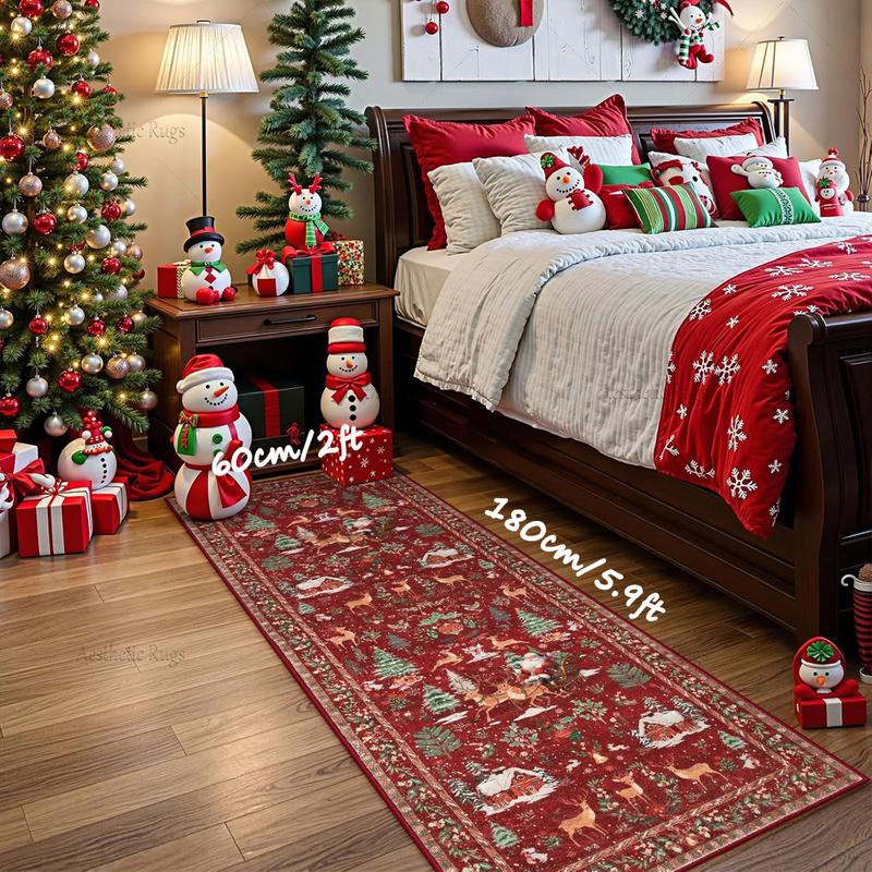 Charming Retro Christmas Tree Deer Plush Carpet - Soft, Non-Slip, Foldable, Pet-Friendly Home Decor Mat