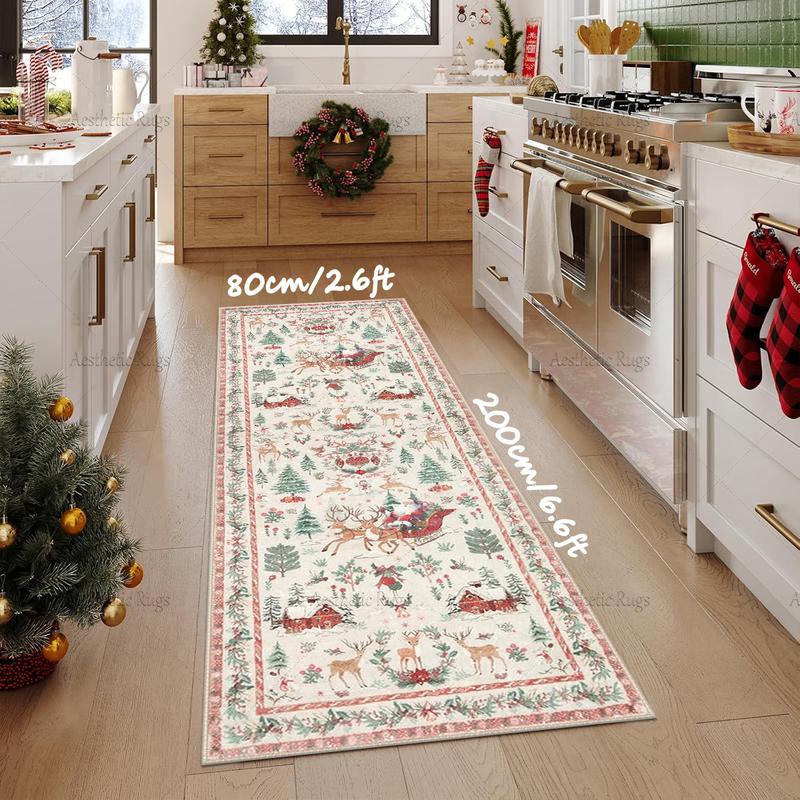 Charming Retro Christmas Tree Deer Plush Carpet - Soft, Non-Slip, Foldable, Pet-Friendly Home Decor Mat