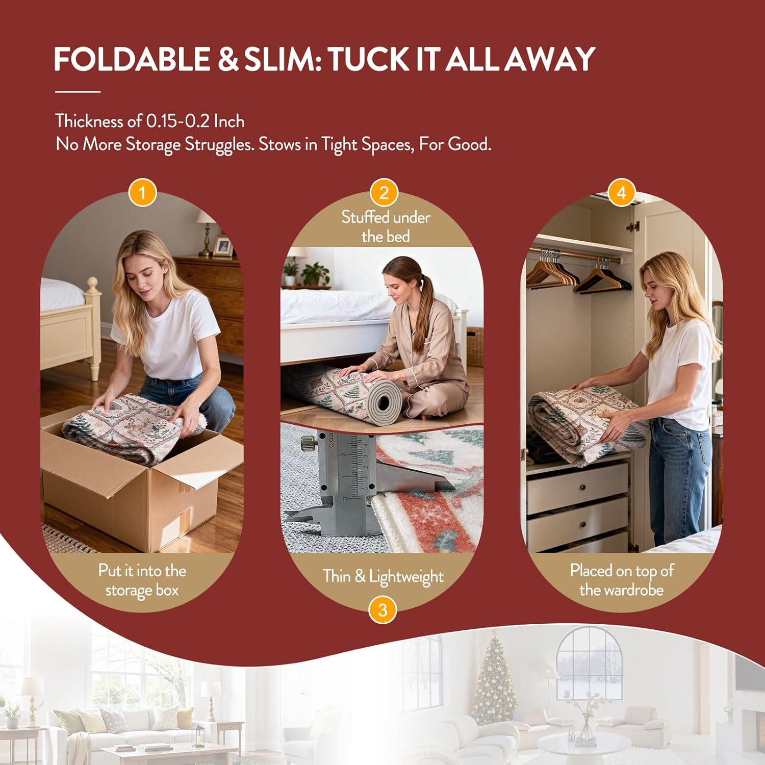 Festive Christmas Kitchen Runner Rug - Washable Non-Slip 2x6 Soft Reindeer & Tree Design for Entryway & Bathroom (Beige/Red)