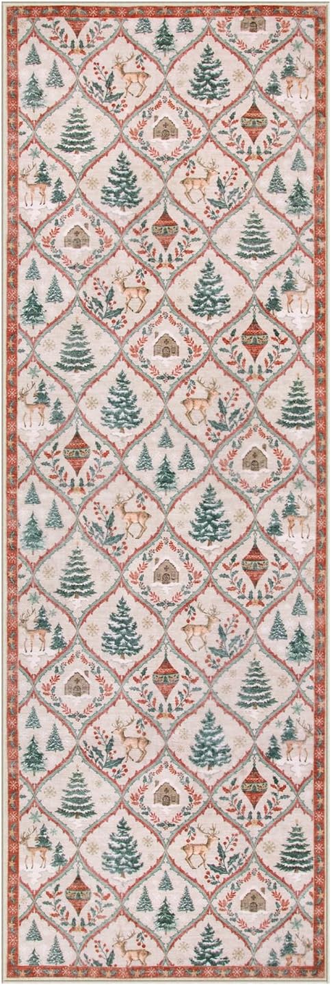 Festive Christmas Kitchen Runner Rug - Washable Non-Slip 2x6 Soft Reindeer & Tree Design for Entryway & Bathroom (Beige/Red)