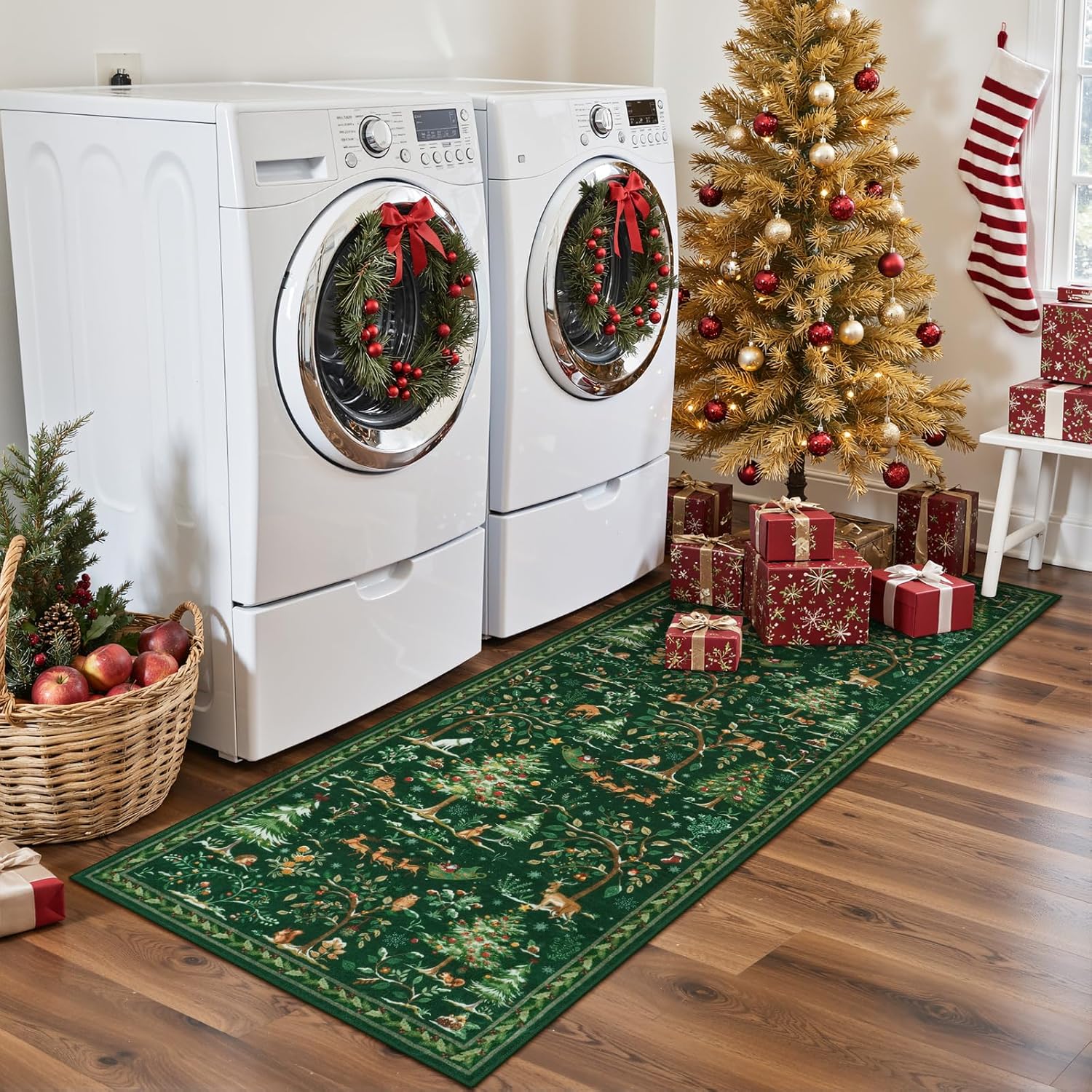 Festive Christmas Green Runner Rug 2'X6' - Washable Non-Slip Entryway Carpet with Santa Claus & Forest Animals for Holiday Decor
