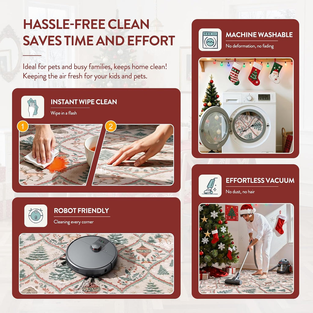 Festive Christmas Kitchen Runner Rug - Washable Non-Slip 2x6 Soft Reindeer & Tree Design for Entryway & Bathroom (Beige/Red)