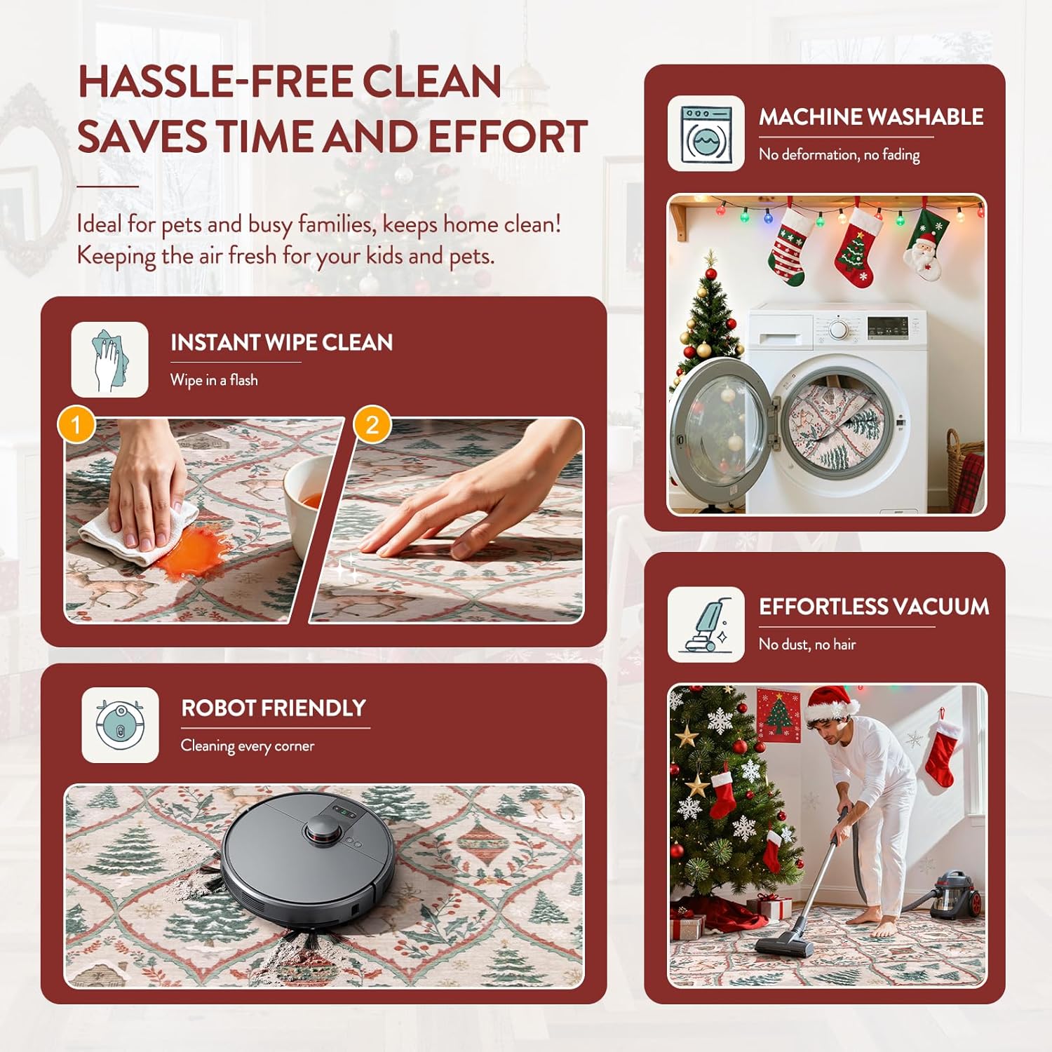 Festive Christmas Kitchen Runner Rug - Washable Non-Slip 2x6 Soft Reindeer & Tree Design for Entryway & Bathroom (Beige/Red)