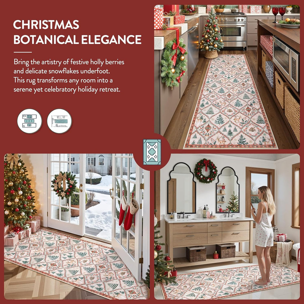 Festive Christmas Kitchen Runner Rug - Washable Non-Slip 2x6 Soft Reindeer & Tree Design for Entryway & Bathroom (Beige/Red)