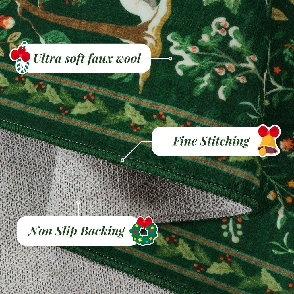 Festive Christmas Green Runner Rug 2'X6' - Washable Non-Slip Entryway Carpet with Santa Claus & Forest Animals for Holiday Decor