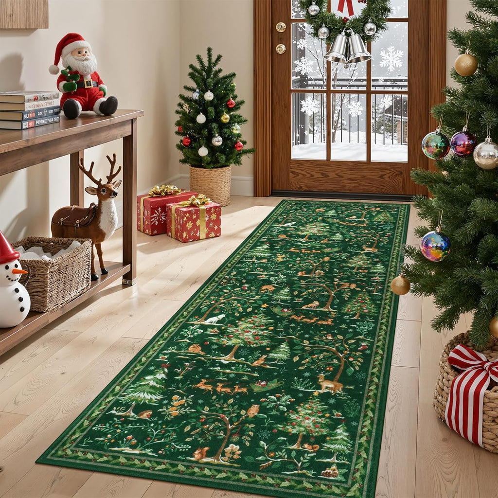 Festive Christmas Green Runner Rug 2'X6' - Washable Non-Slip Entryway Carpet with Santa Claus & Forest Animals for Holiday Decor