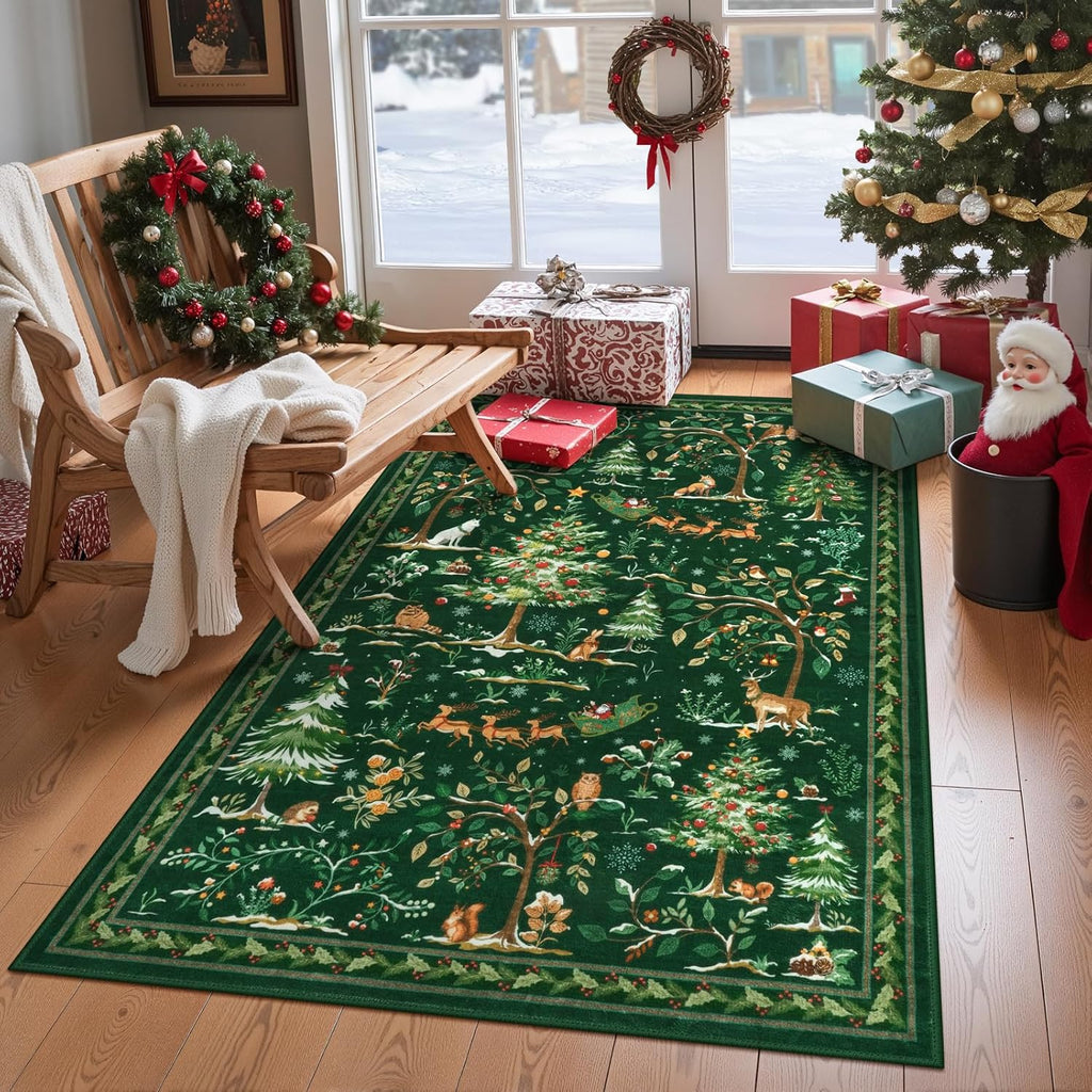 Festive Christmas Green Runner Rug 2'X6' - Washable Non-Slip Entryway Carpet with Santa Claus & Forest Animals for Holiday Decor