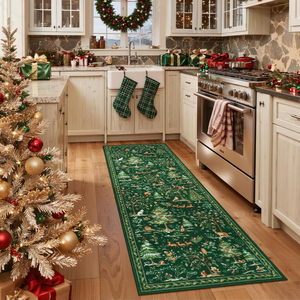 Festive Christmas Green Runner Rug 2'X6' - Washable Non-Slip Entryway Carpet with Santa Claus & Forest Animals for Holiday Decor