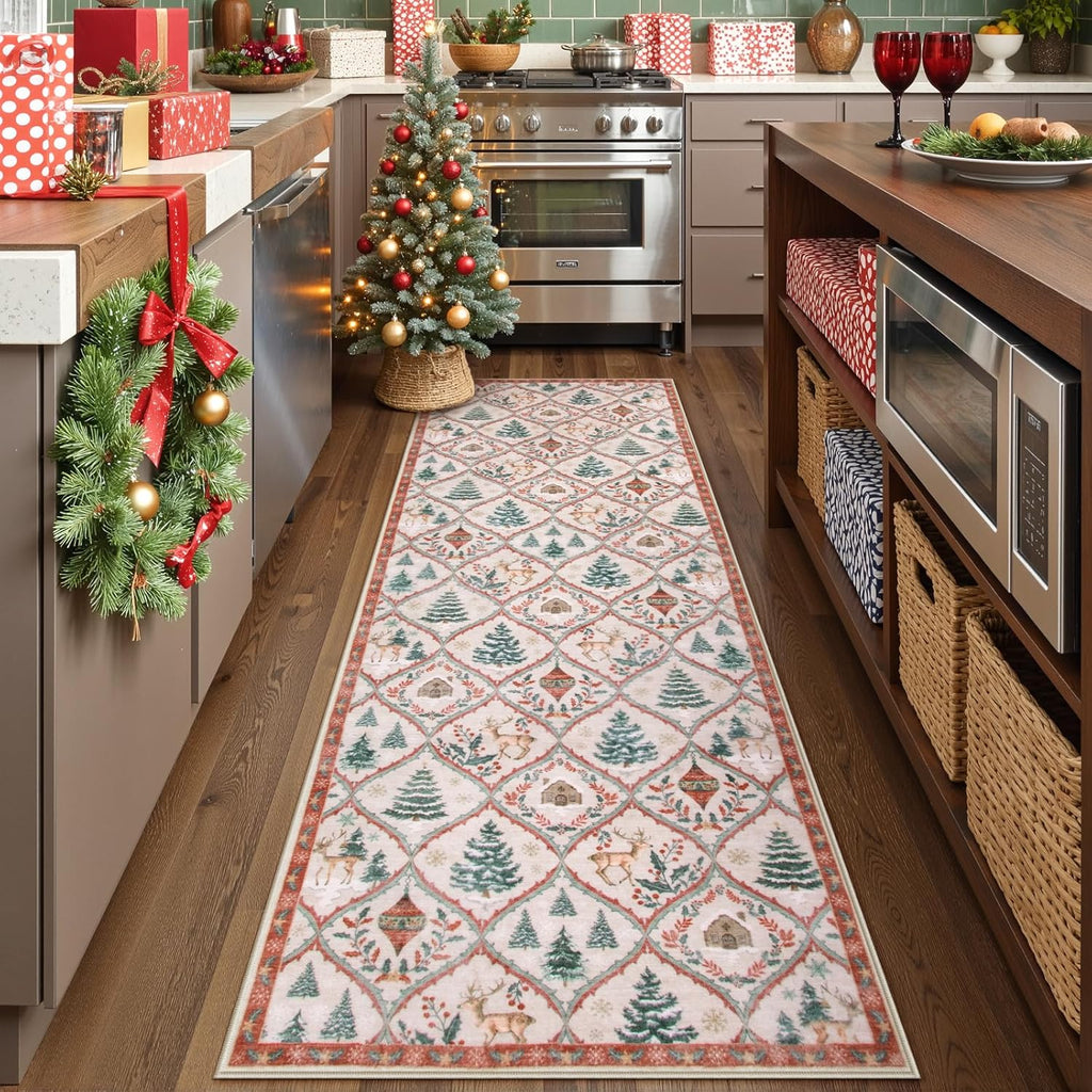 Festive Christmas Kitchen Runner Rug - Washable Non-Slip 2x6 Soft Reindeer & Tree Design for Entryway & Bathroom (Beige/Red)