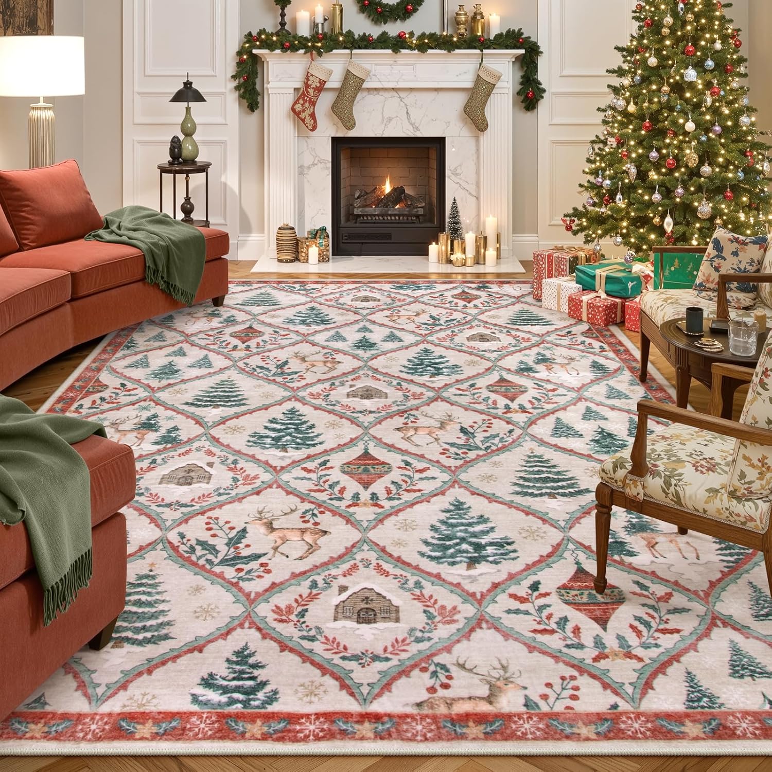Festive Christmas Kitchen Runner Rug - Washable Non-Slip 2x6 Soft Reindeer & Tree Design for Entryway & Bathroom (Beige/Red)
