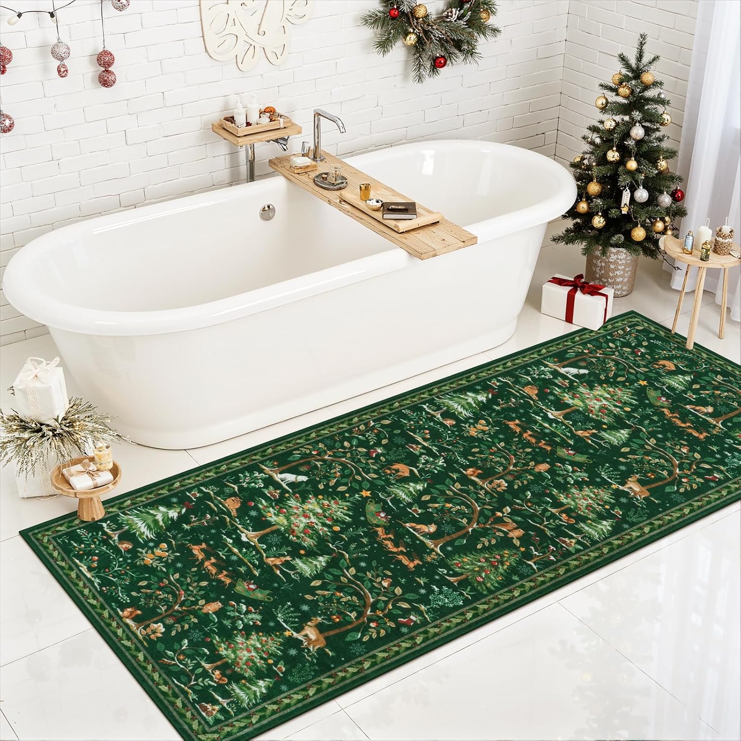 Festive Christmas Green Runner Rug 2'X6' - Washable Non-Slip Entryway Carpet with Santa Claus & Forest Animals for Holiday Decor