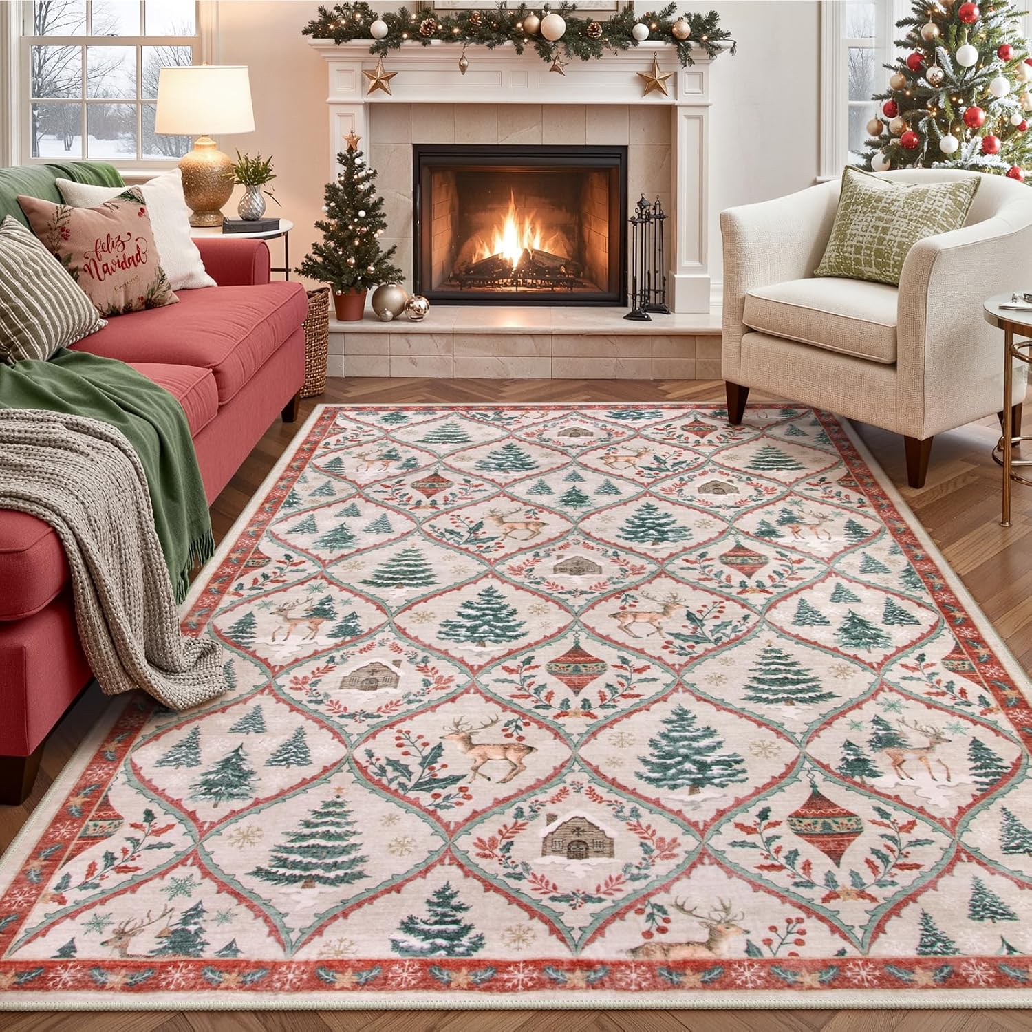 Festive Christmas Kitchen Runner Rug - Washable Non-Slip 2x6 Soft Reindeer & Tree Design for Entryway & Bathroom (Beige/Red)
