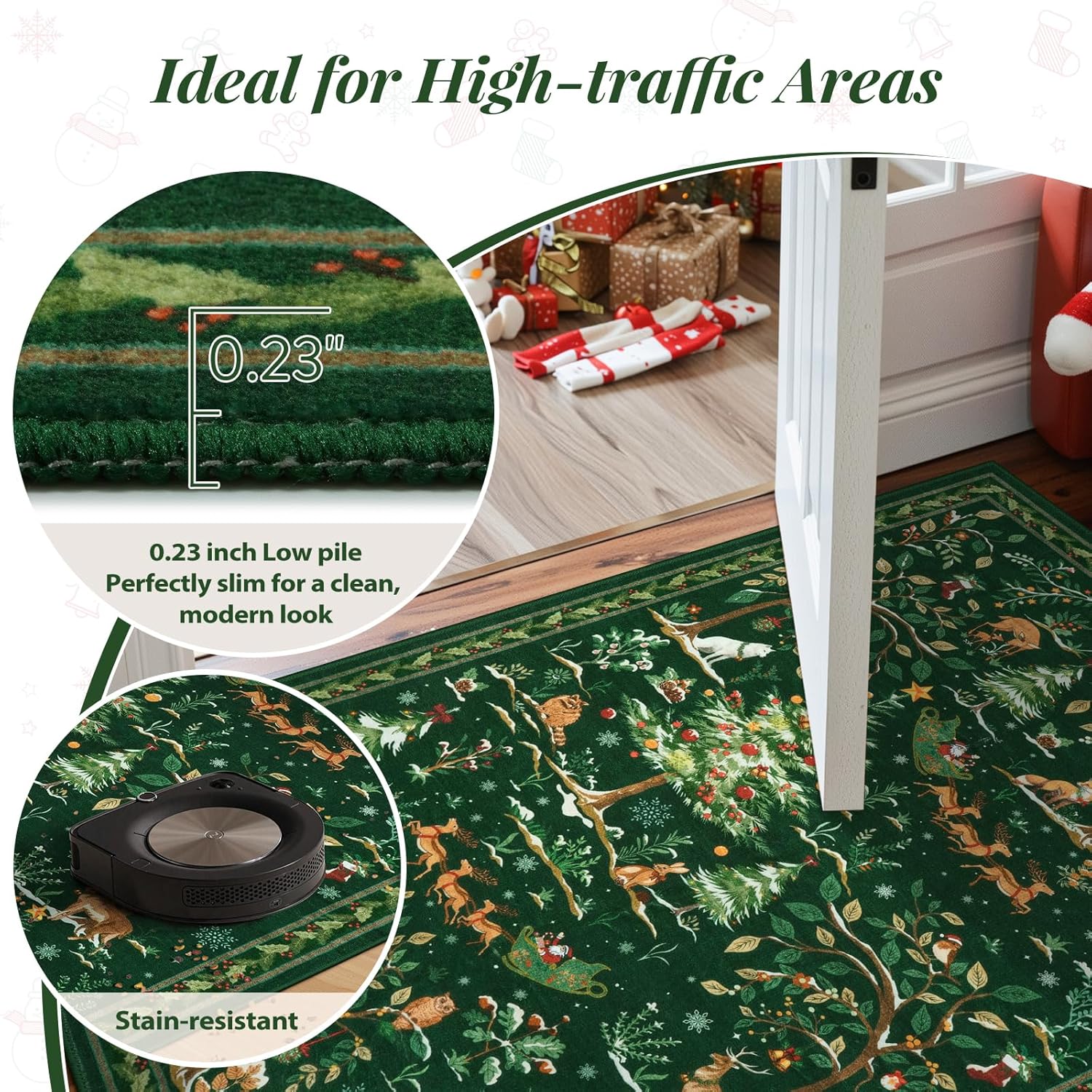 Festive Christmas Green Runner Rug 2'X6' - Washable Non-Slip Entryway Carpet with Santa Claus & Forest Animals for Holiday Decor
