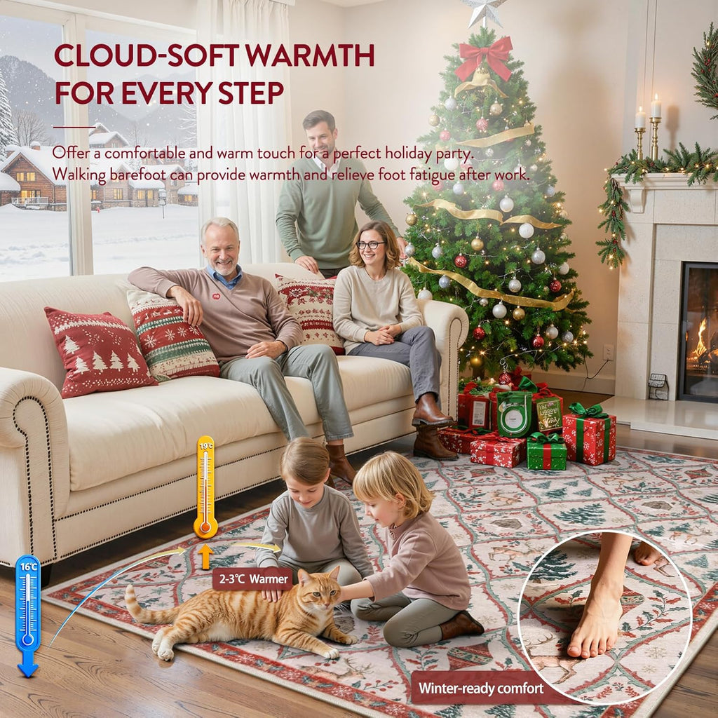 Festive Christmas Kitchen Runner Rug - Washable Non-Slip 2x6 Soft Reindeer & Tree Design for Entryway & Bathroom (Beige/Red)