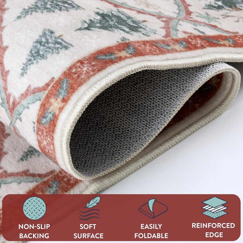 Festive Christmas Kitchen Runner Rug - Washable Non-Slip 2x6 Soft Reindeer & Tree Design for Entryway & Bathroom (Beige/Red)