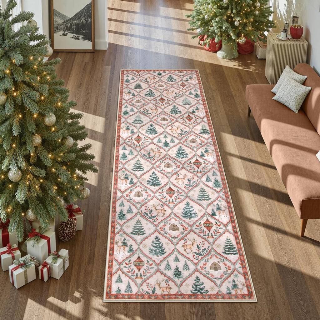 Festive Christmas Kitchen Runner Rug - Washable Non-Slip 2x6 Soft Reindeer & Tree Design for Entryway & Bathroom (Beige/Red)