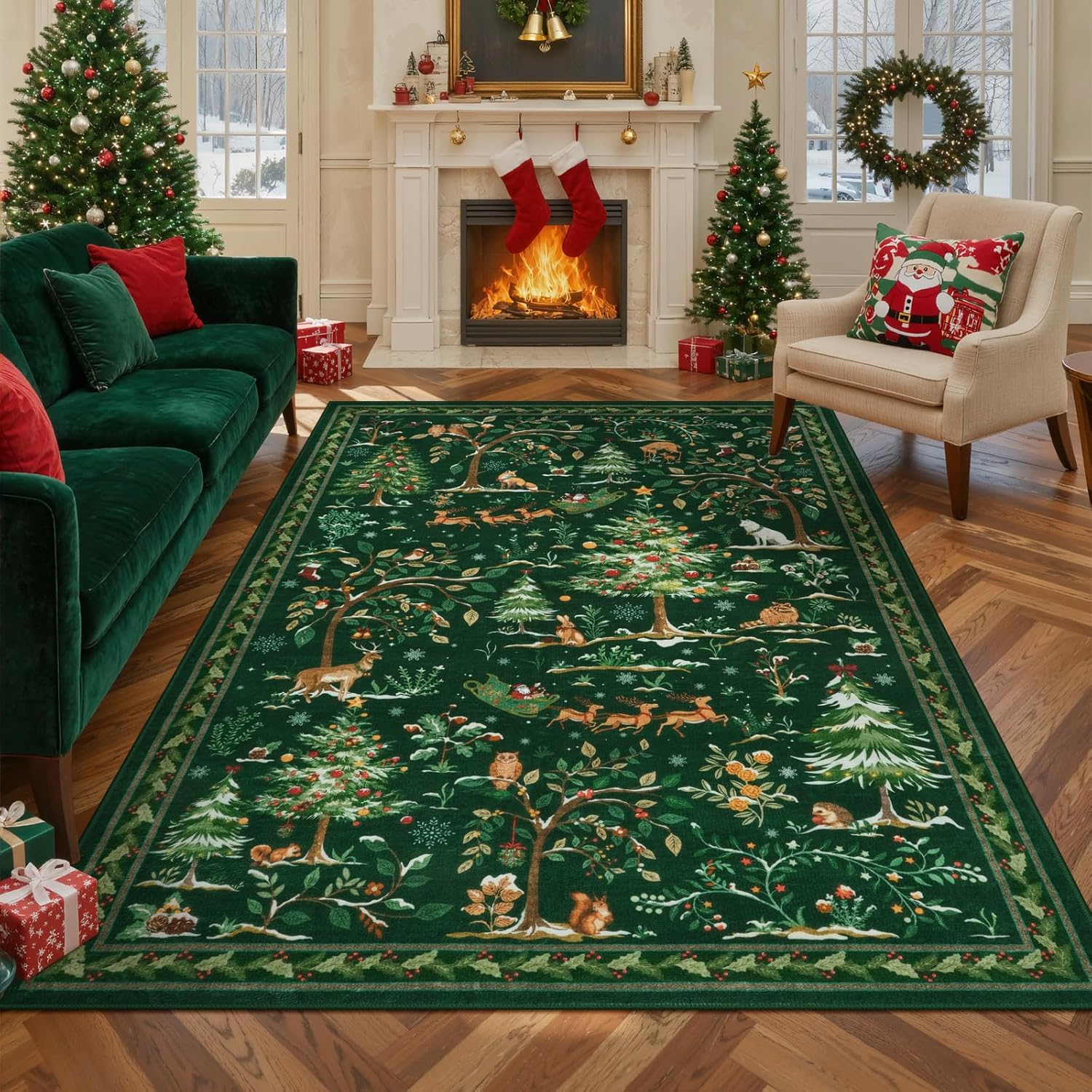 Festive Christmas Green Runner Rug 2'X6' - Washable Non-Slip Entryway Carpet with Santa Claus & Forest Animals for Holiday Decor