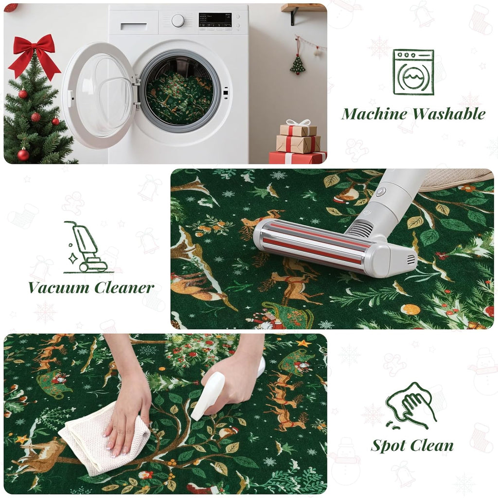 Festive Christmas Green Runner Rug 2'X6' - Washable Non-Slip Entryway Carpet with Santa Claus & Forest Animals for Holiday Decor