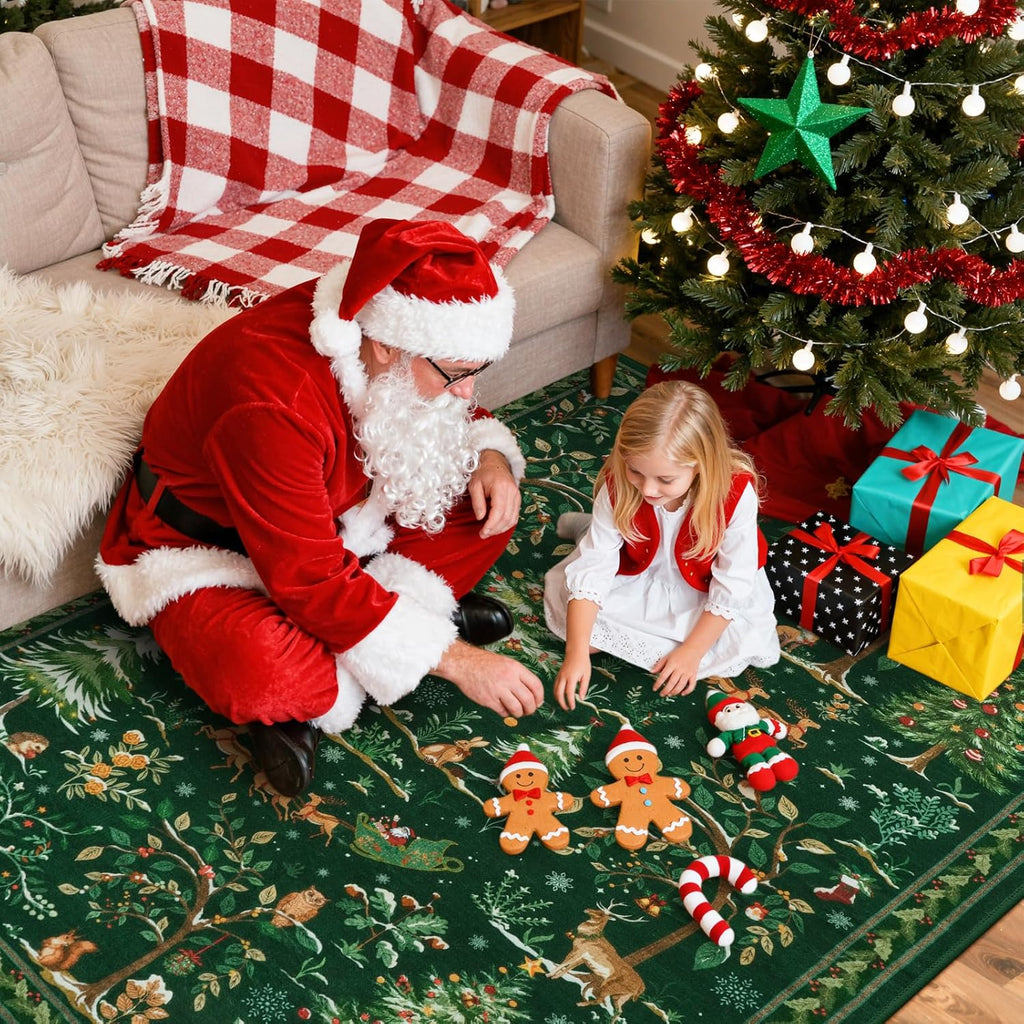 Festive Christmas Green Runner Rug 2'X6' - Washable Non-Slip Entryway Carpet with Santa Claus & Forest Animals for Holiday Decor