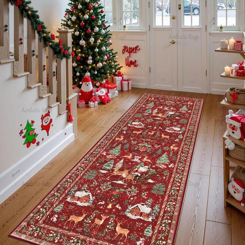 Charming Retro Christmas Tree Deer Plush Carpet - Soft, Non-Slip, Foldable, Pet-Friendly Home Decor Mat