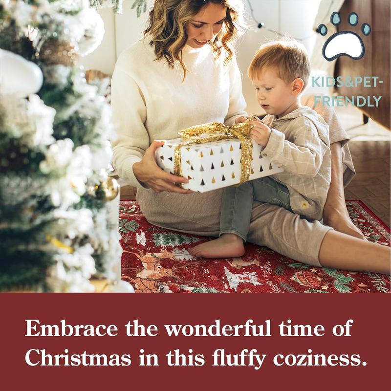 Charming Retro Christmas Tree Deer Plush Carpet - Soft, Non-Slip, Foldable, Pet-Friendly Home Decor Mat